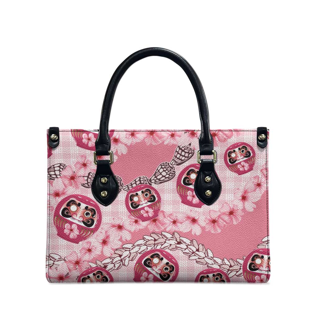 Japanese Daruma Doll Palaka Leather Bag Cherry Blossoms With Shell Lei - Wonder Print Shop