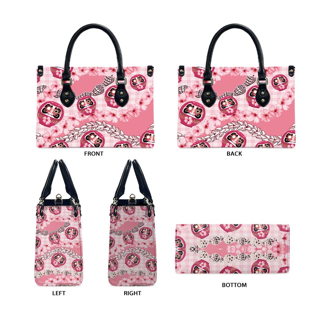 Japanese Daruma Doll Palaka Leather Bag Cherry Blossoms With Shell Lei - Wonder Print Shop