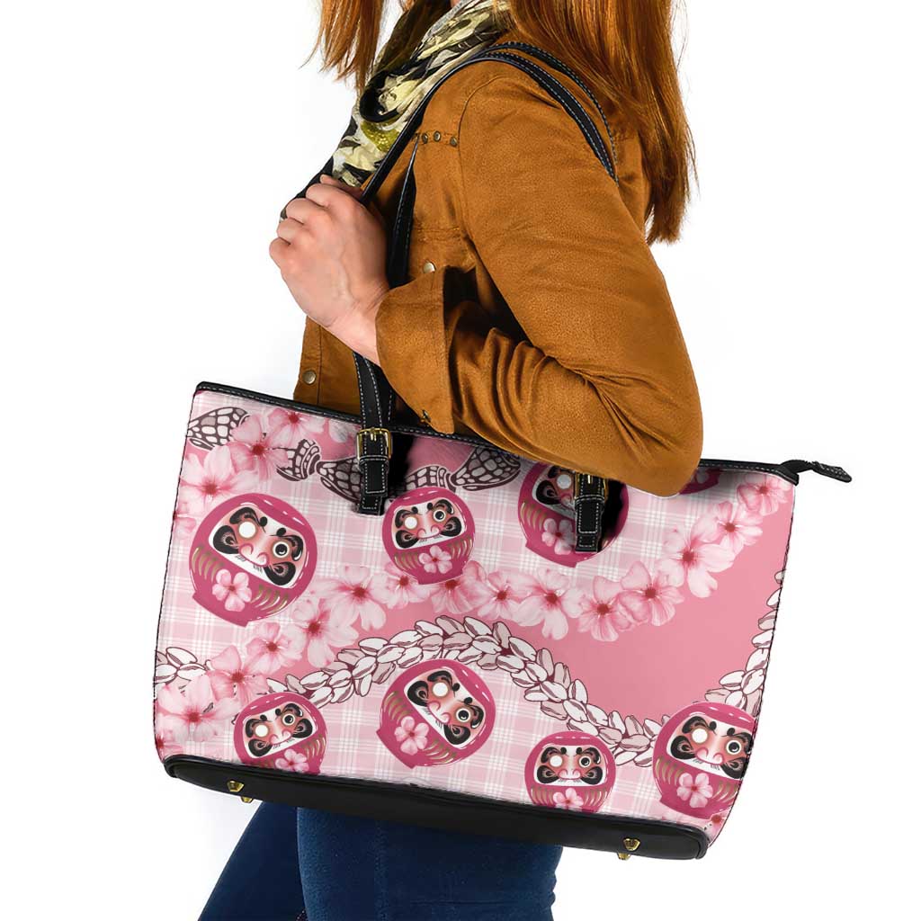 Japanese Daruma Doll Palaka Leather Tote Bag Cherry Blossoms With Shell Lei - Wonder Print Shop