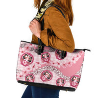 Japanese Daruma Doll Palaka Leather Tote Bag Cherry Blossoms With Shell Lei - Wonder Print Shop