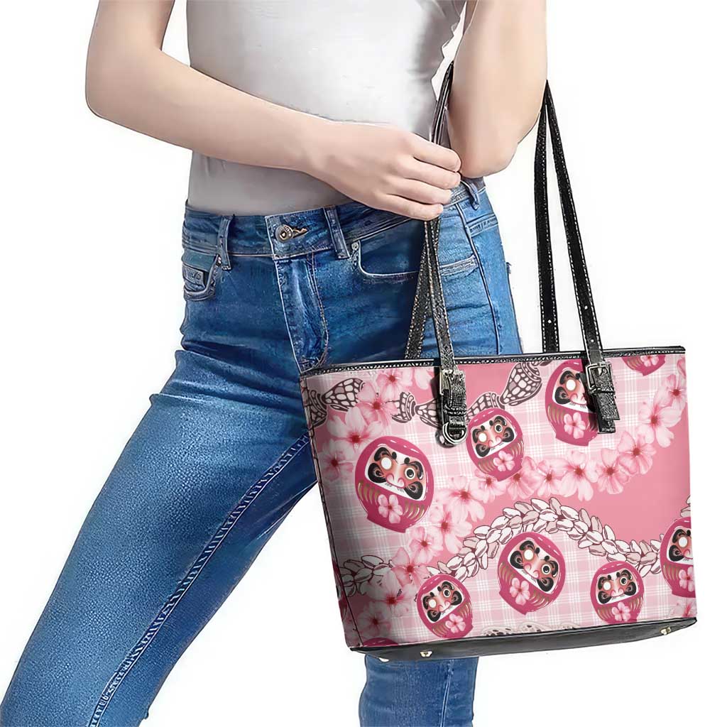 Japanese Daruma Doll Palaka Leather Tote Bag Cherry Blossoms With Shell Lei - Wonder Print Shop