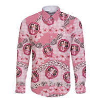 Japanese Daruma Doll Palaka Long Sleeve Button Shirt Cherry Blossoms With Shell Lei - Wonder Print Shop