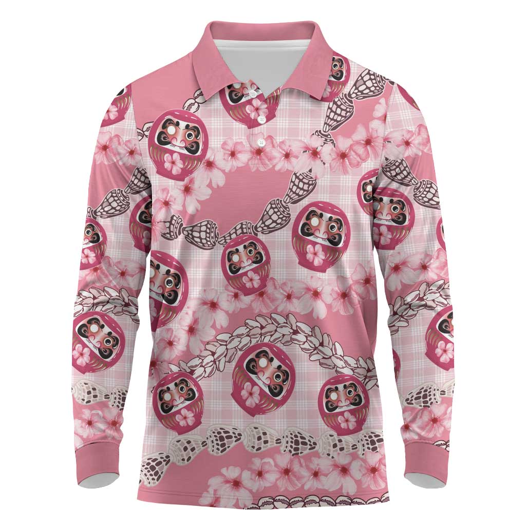 Japanese Daruma Doll Palaka Long Sleeve Polo Shirt Cherry Blossoms With Shell Lei - Wonder Print Shop