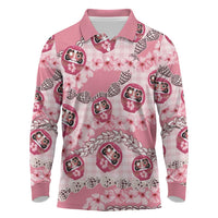 Japanese Daruma Doll Palaka Long Sleeve Polo Shirt Cherry Blossoms With Shell Lei - Wonder Print Shop
