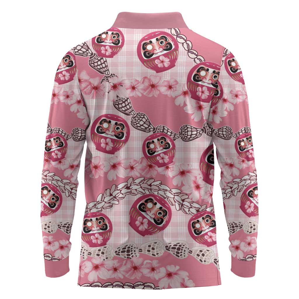 Japanese Daruma Doll Palaka Long Sleeve Polo Shirt Cherry Blossoms With Shell Lei - Wonder Print Shop