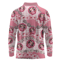 Japanese Daruma Doll Palaka Long Sleeve Polo Shirt Cherry Blossoms With Shell Lei - Wonder Print Shop