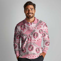 Japanese Daruma Doll Palaka Long Sleeve Polo Shirt Cherry Blossoms With Shell Lei - Wonder Print Shop