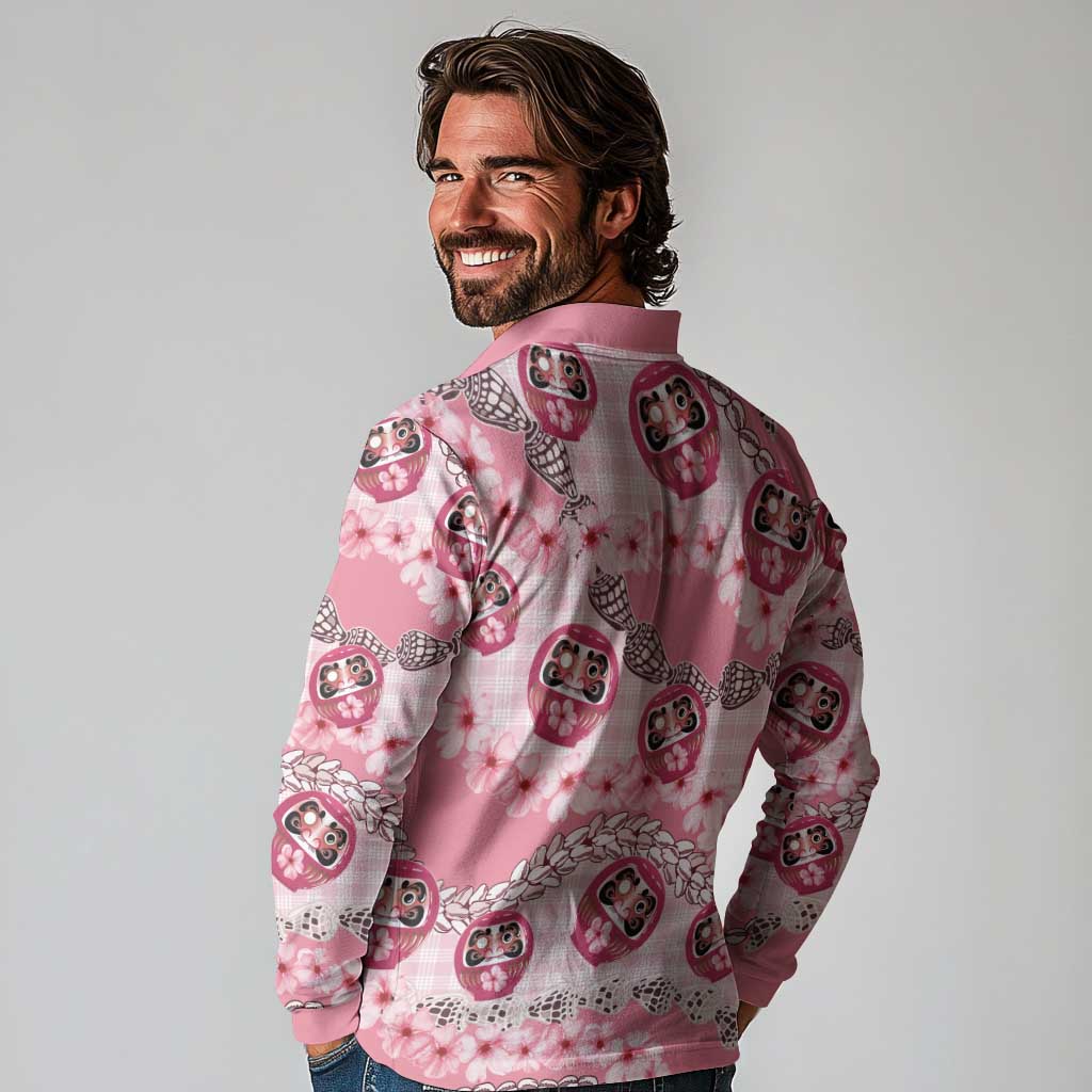 Japanese Daruma Doll Palaka Long Sleeve Polo Shirt Cherry Blossoms With Shell Lei - Wonder Print Shop