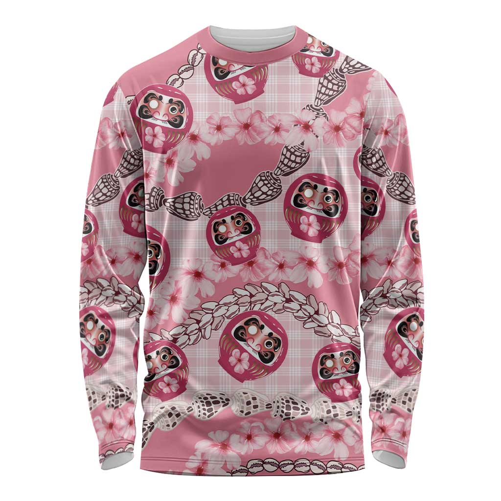 Japanese Daruma Doll Palaka Long Sleeve Shirt Cherry Blossoms With Shell Lei - Wonder Print Shop