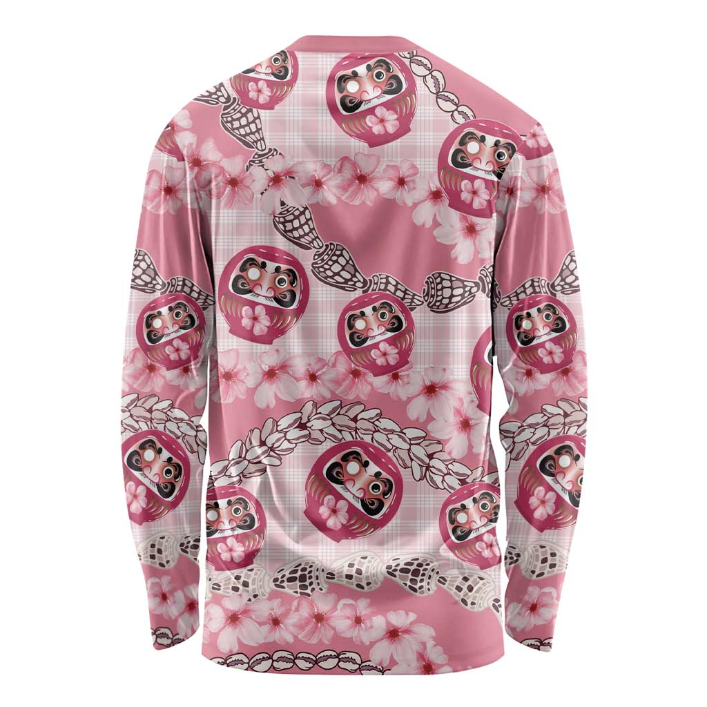Japanese Daruma Doll Palaka Long Sleeve Shirt Cherry Blossoms With Shell Lei - Wonder Print Shop