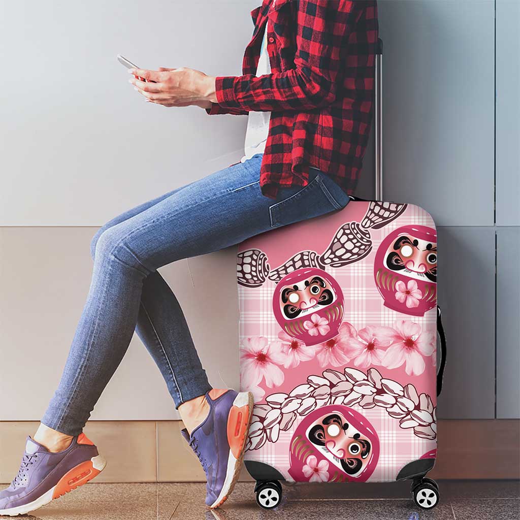 Japanese Daruma Doll Palaka Luggage Cover Cherry Blossoms With Shell Lei - Wonder Print Shop