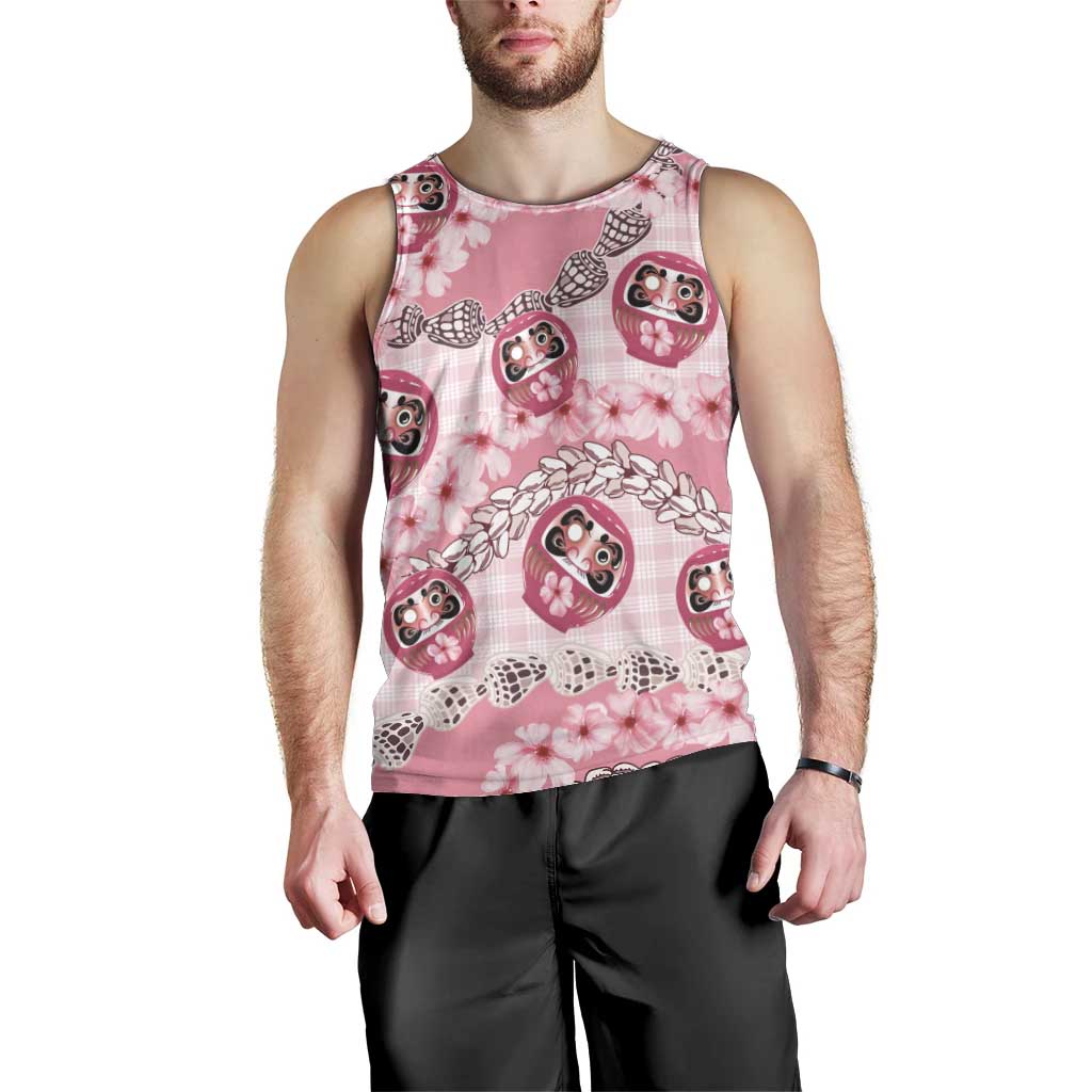 Japanese Daruma Doll Palaka Men Tank Top Cherry Blossoms With Shell Lei - Wonder Print Shop