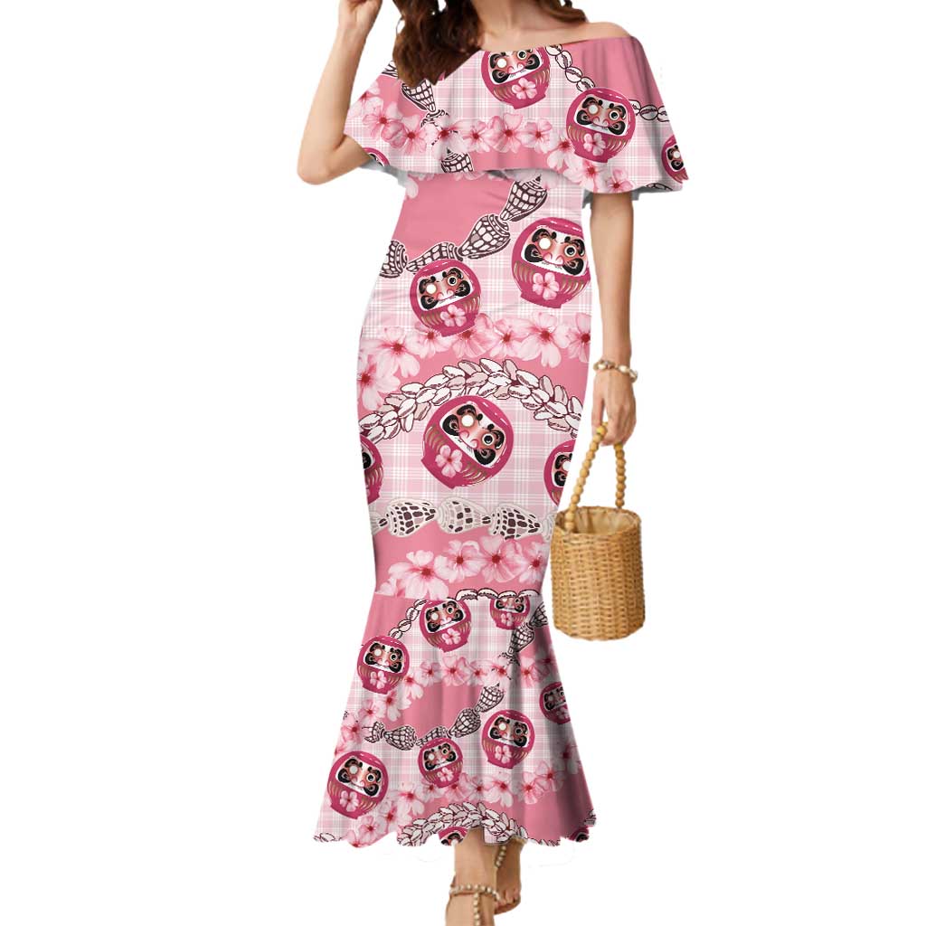 Japanese Daruma Doll Palaka Mermaid Dress Cherry Blossoms With Shell Lei - Wonder Print Shop
