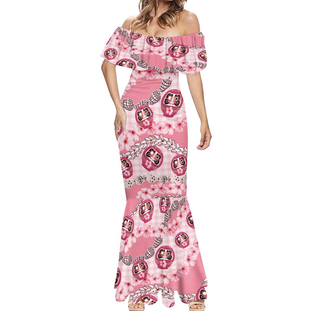 Japanese Daruma Doll Palaka Mermaid Dress Cherry Blossoms With Shell Lei - Wonder Print Shop