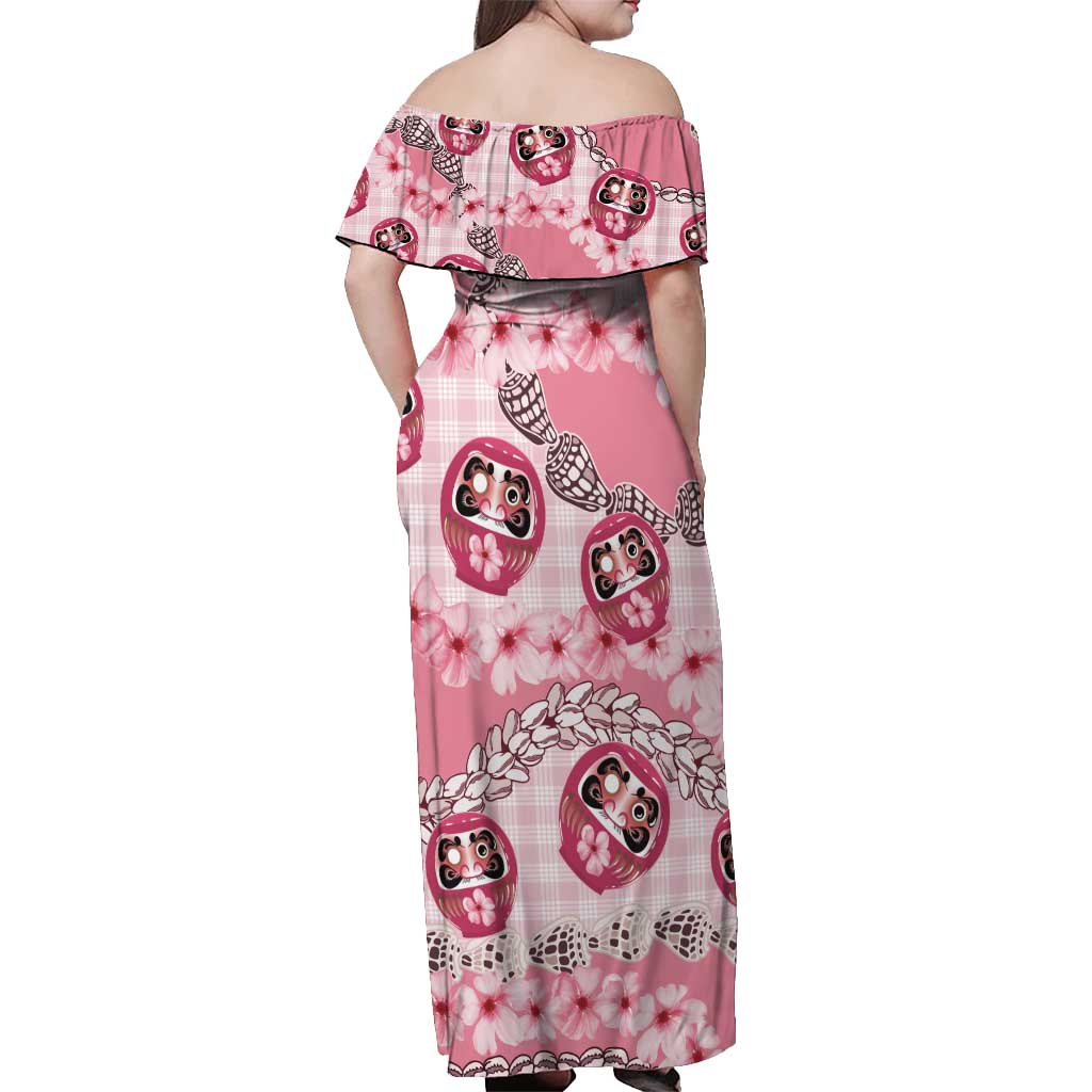 Japanese Daruma Doll Palaka Off Shoulder Maxi Dress Cherry Blossoms With Shell Lei - Wonder Print Shop