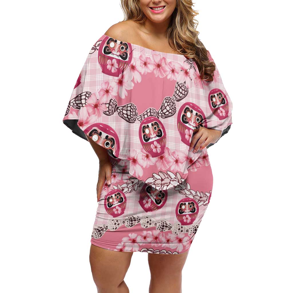 Japanese Daruma Doll Palaka Off Shoulder Short Dress Cherry Blossoms With Shell Lei - Wonder Print Shop