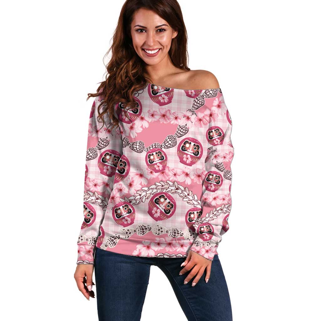 Japanese Daruma Doll Palaka Off Shoulder Sweater Cherry Blossoms With Shell Lei - Wonder Print Shop