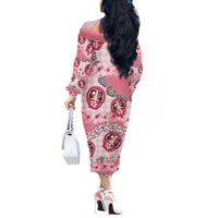 Japanese Daruma Doll Palaka Off The Shoulder Long Sleeve Dress Cherry Blossoms With Shell Lei - Wonder Print Shop