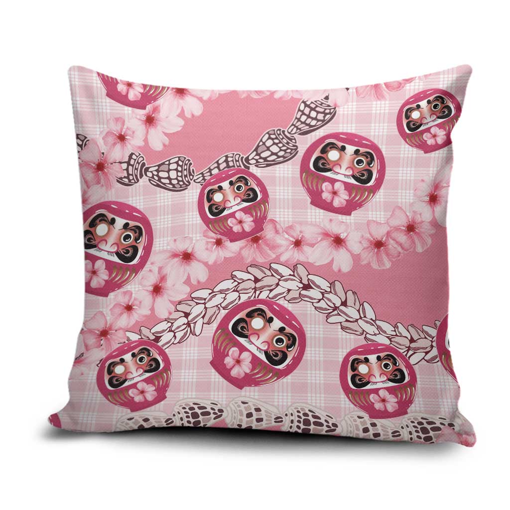 Japanese Daruma Doll Palaka Pillow Cover Cherry Blossoms With Shell Lei - Wonder Print Shop