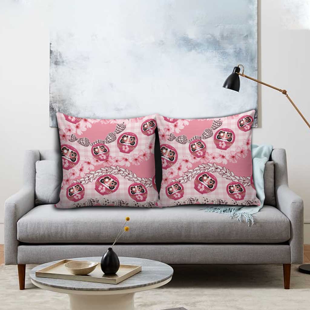 Japanese Daruma Doll Palaka Pillow Cover Cherry Blossoms With Shell Lei - Wonder Print Shop