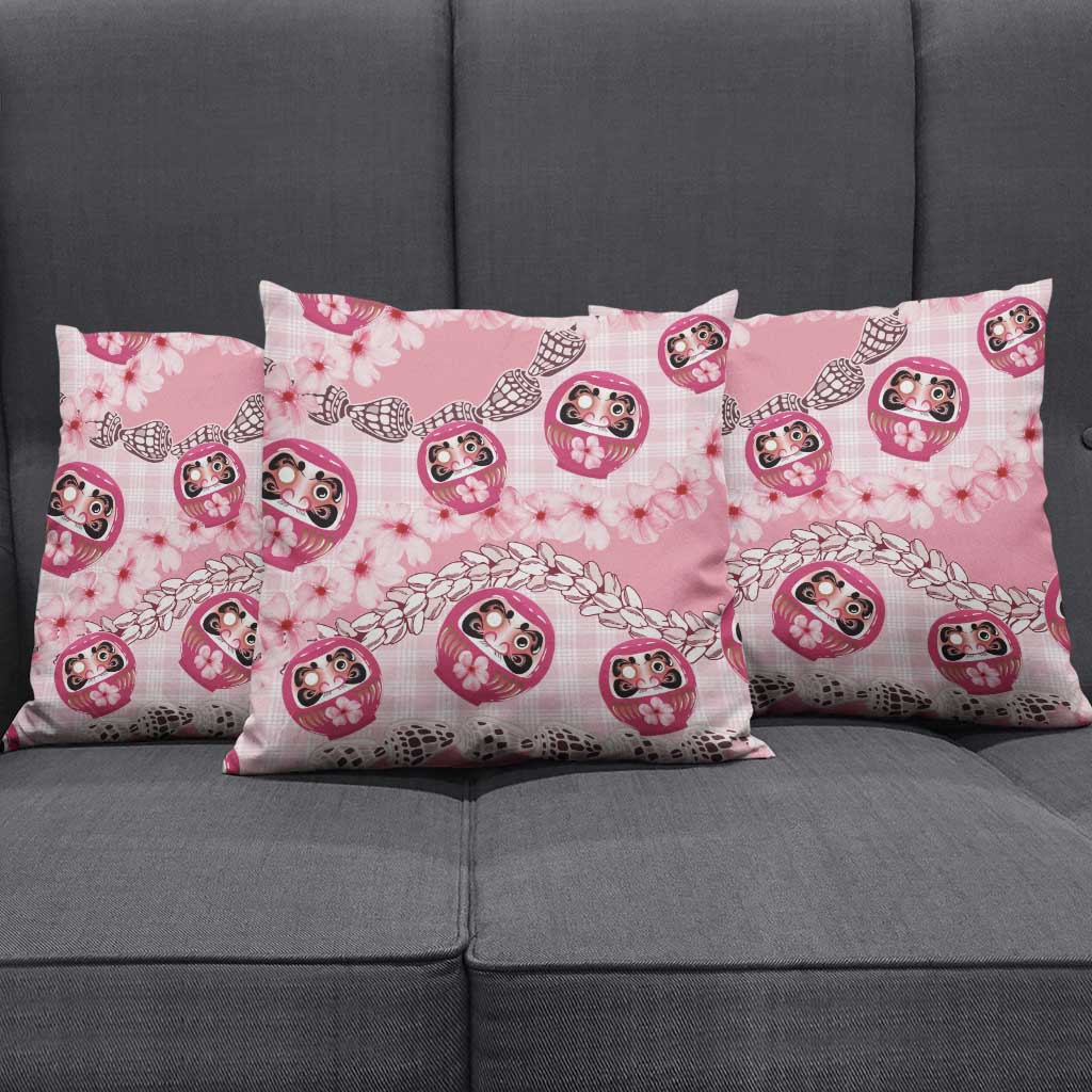 Japanese Daruma Doll Palaka Pillow Cover Cherry Blossoms With Shell Lei - Wonder Print Shop