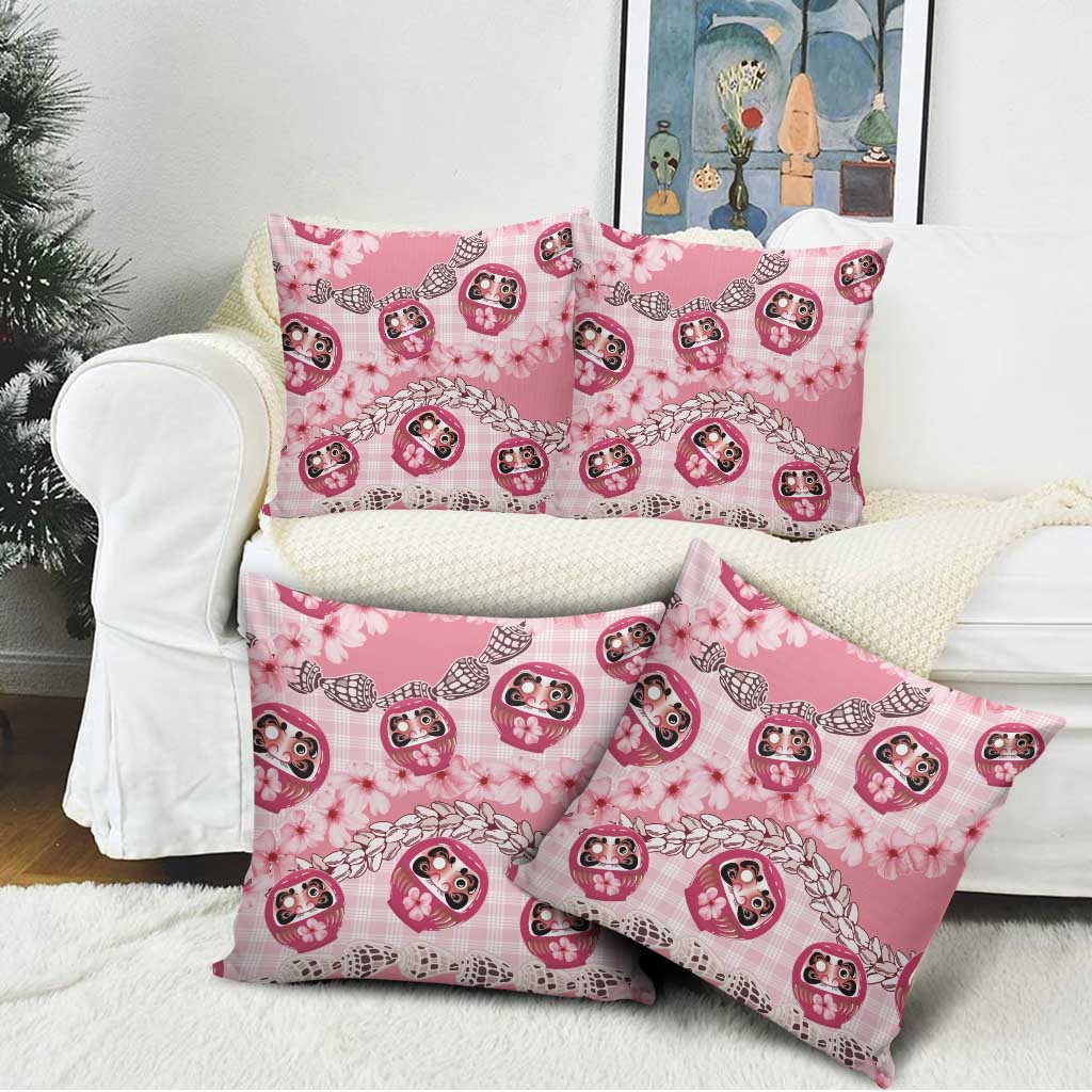 Japanese Daruma Doll Palaka Pillow Cover Cherry Blossoms With Shell Lei - Wonder Print Shop