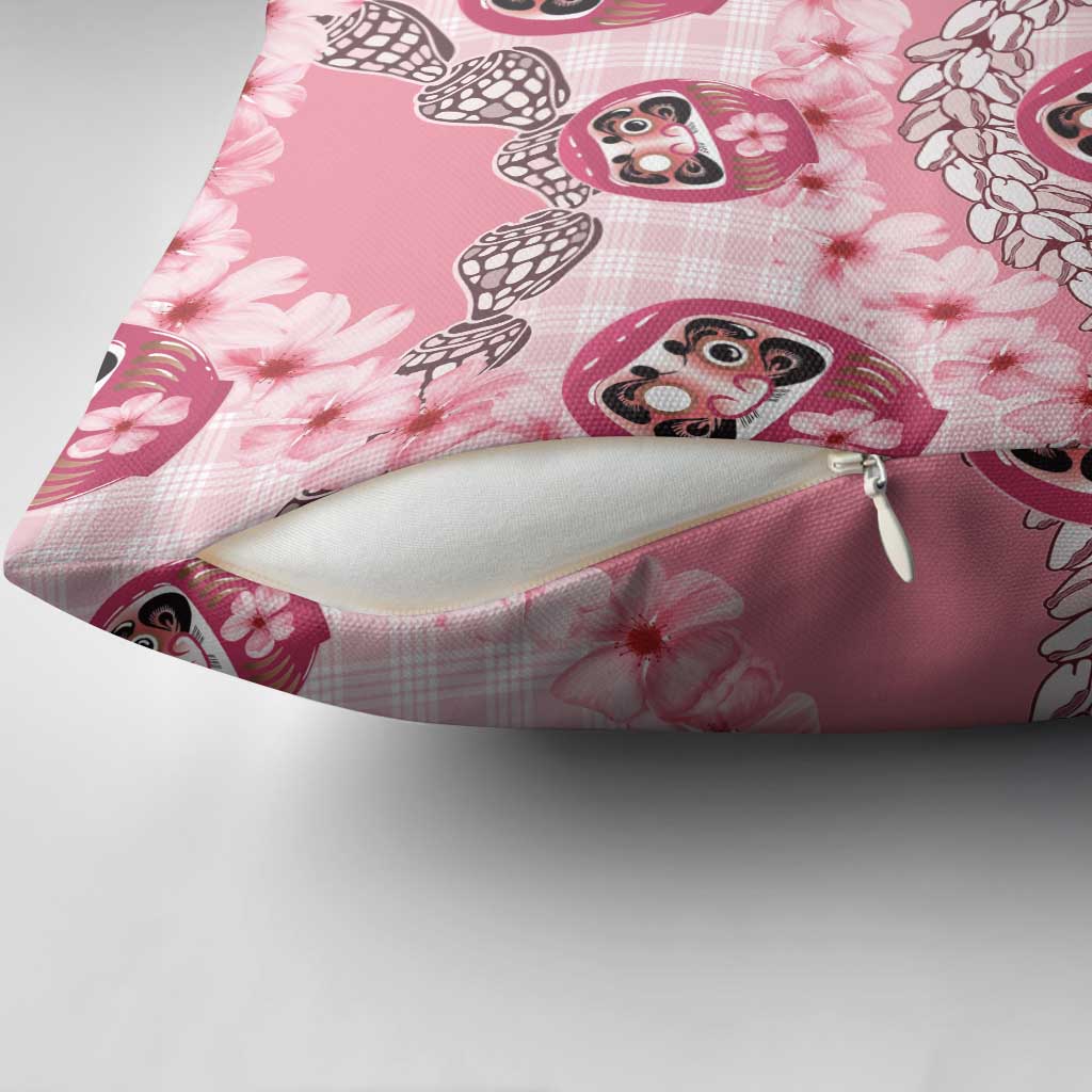 Japanese Daruma Doll Palaka Pillow Cover Cherry Blossoms With Shell Lei - Wonder Print Shop