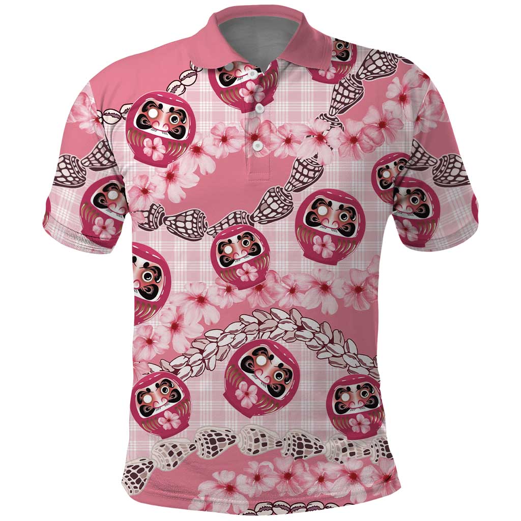 Japanese Daruma Doll Palaka Polo Shirt Cherry Blossoms With Shell Lei - Wonder Print Shop