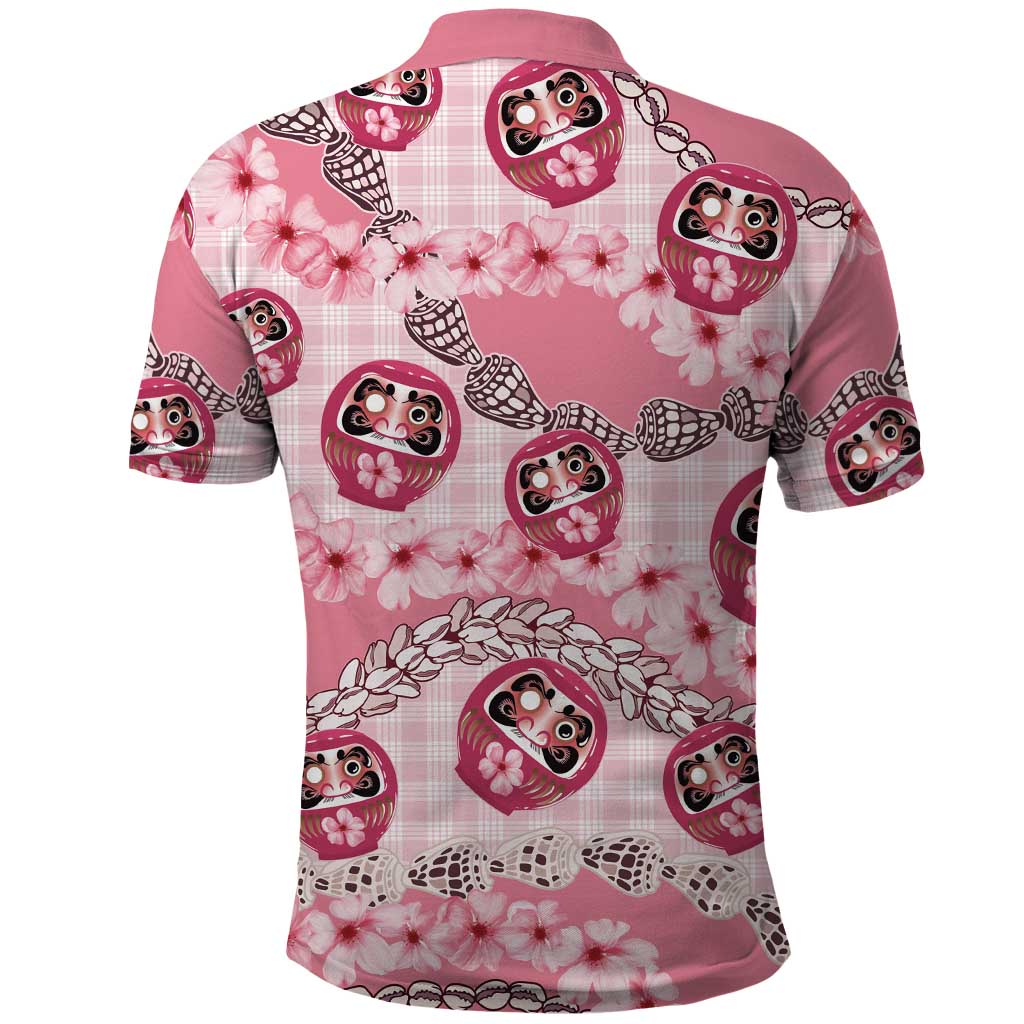 Japanese Daruma Doll Palaka Polo Shirt Cherry Blossoms With Shell Lei - Wonder Print Shop