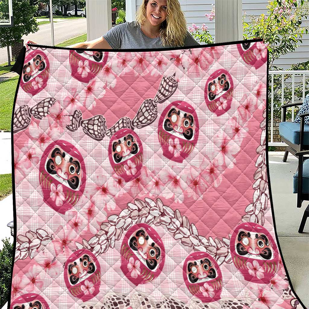 Japanese Daruma Doll Palaka Quilt Cherry Blossoms With Shell Lei - Wonder Print Shop