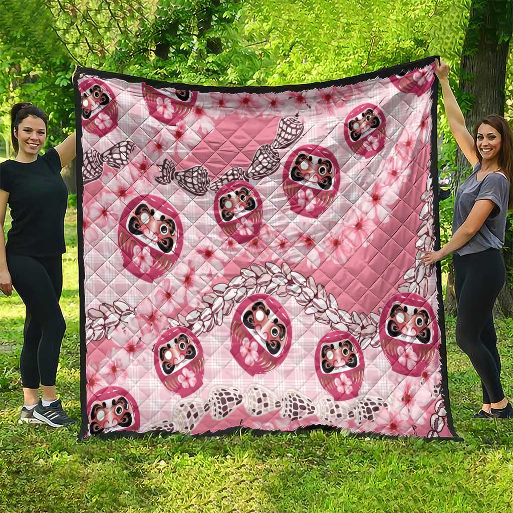 Japanese Daruma Doll Palaka Quilt Cherry Blossoms With Shell Lei - Wonder Print Shop