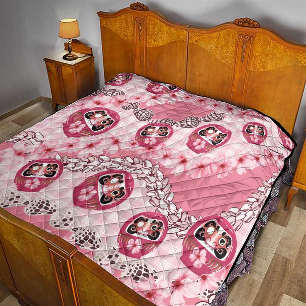 Japanese Daruma Doll Palaka Quilt Cherry Blossoms With Shell Lei - Wonder Print Shop
