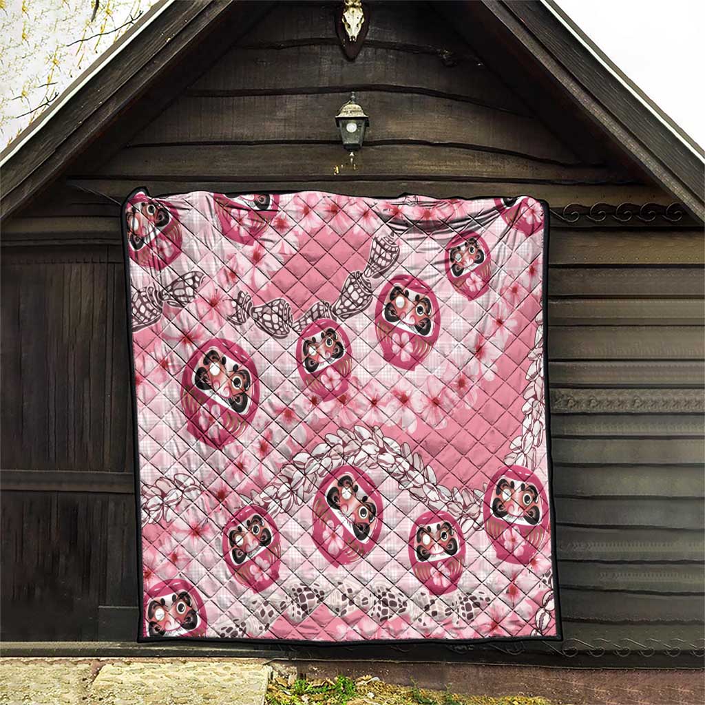 Japanese Daruma Doll Palaka Quilt Cherry Blossoms With Shell Lei - Wonder Print Shop