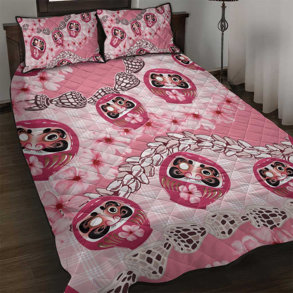 Japanese Daruma Doll Palaka Quilt Bed Set Cherry Blossoms With Shell Lei - Wonder Print Shop