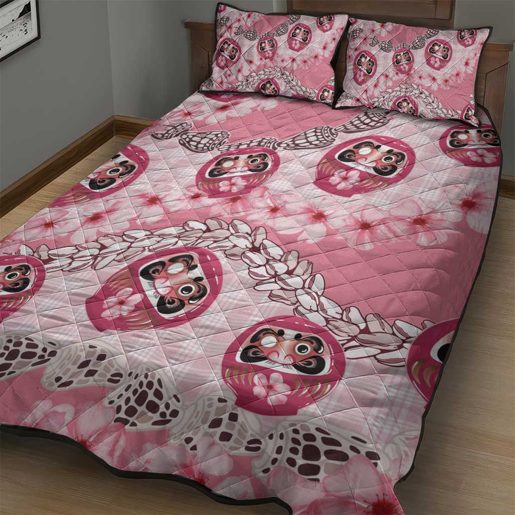 Japanese Daruma Doll Palaka Quilt Bed Set Cherry Blossoms With Shell Lei - Wonder Print Shop