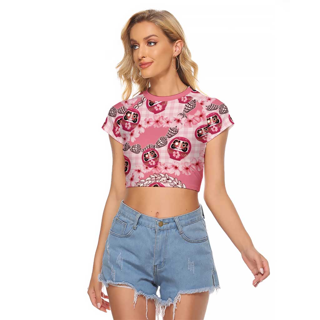 Japanese Daruma Doll Palaka Raglan Cropped T Shirt Cherry Blossoms With Shell Lei - Wonder Print Shop
