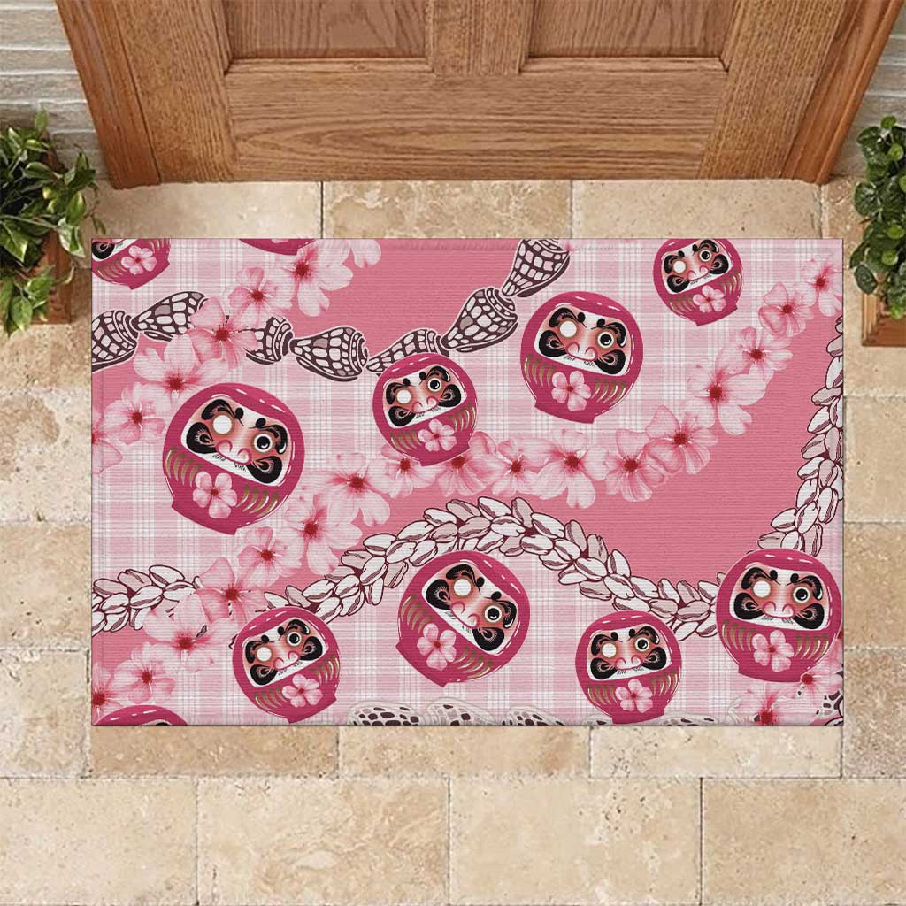 Japanese Daruma Doll Palaka Rubber Doormat Cherry Blossoms With Shell Lei - Wonder Print Shop