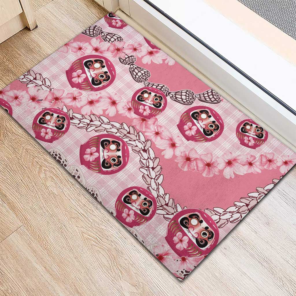 Japanese Daruma Doll Palaka Rubber Doormat Cherry Blossoms With Shell Lei - Wonder Print Shop
