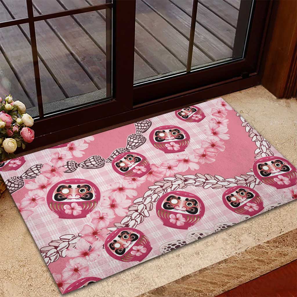 Japanese Daruma Doll Palaka Rubber Doormat Cherry Blossoms With Shell Lei - Wonder Print Shop