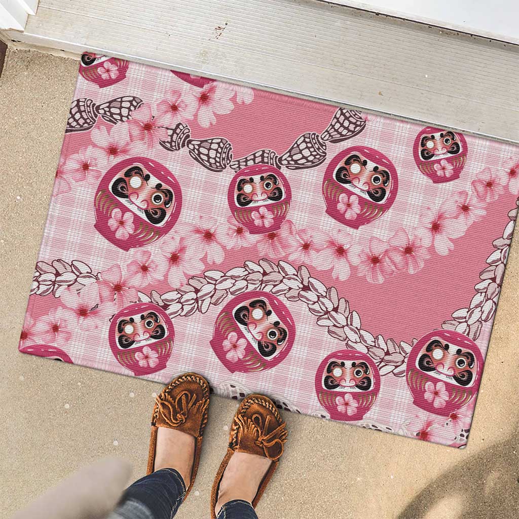 Japanese Daruma Doll Palaka Rubber Doormat Cherry Blossoms With Shell Lei - Wonder Print Shop
