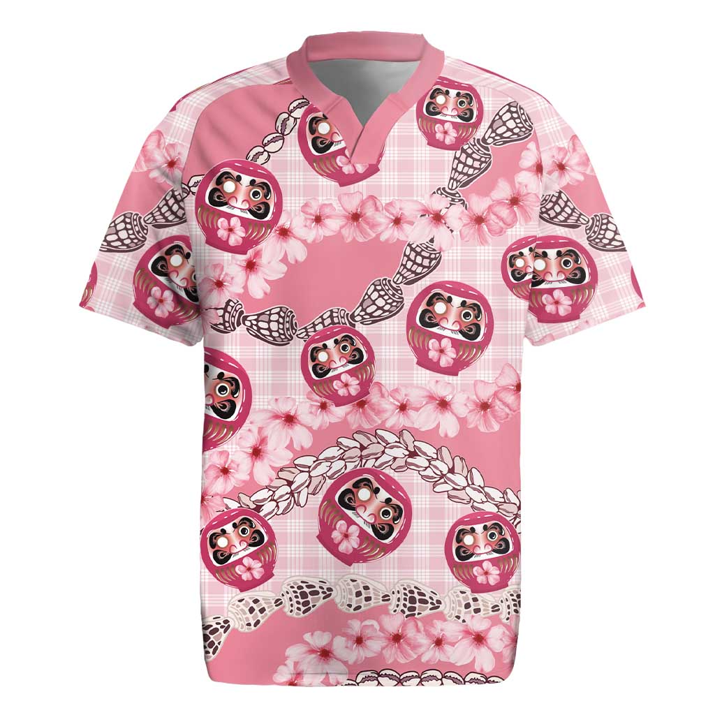 Japanese Daruma Doll Palaka Rugby Jersey Cherry Blossoms With Shell Lei - Wonder Print Shop