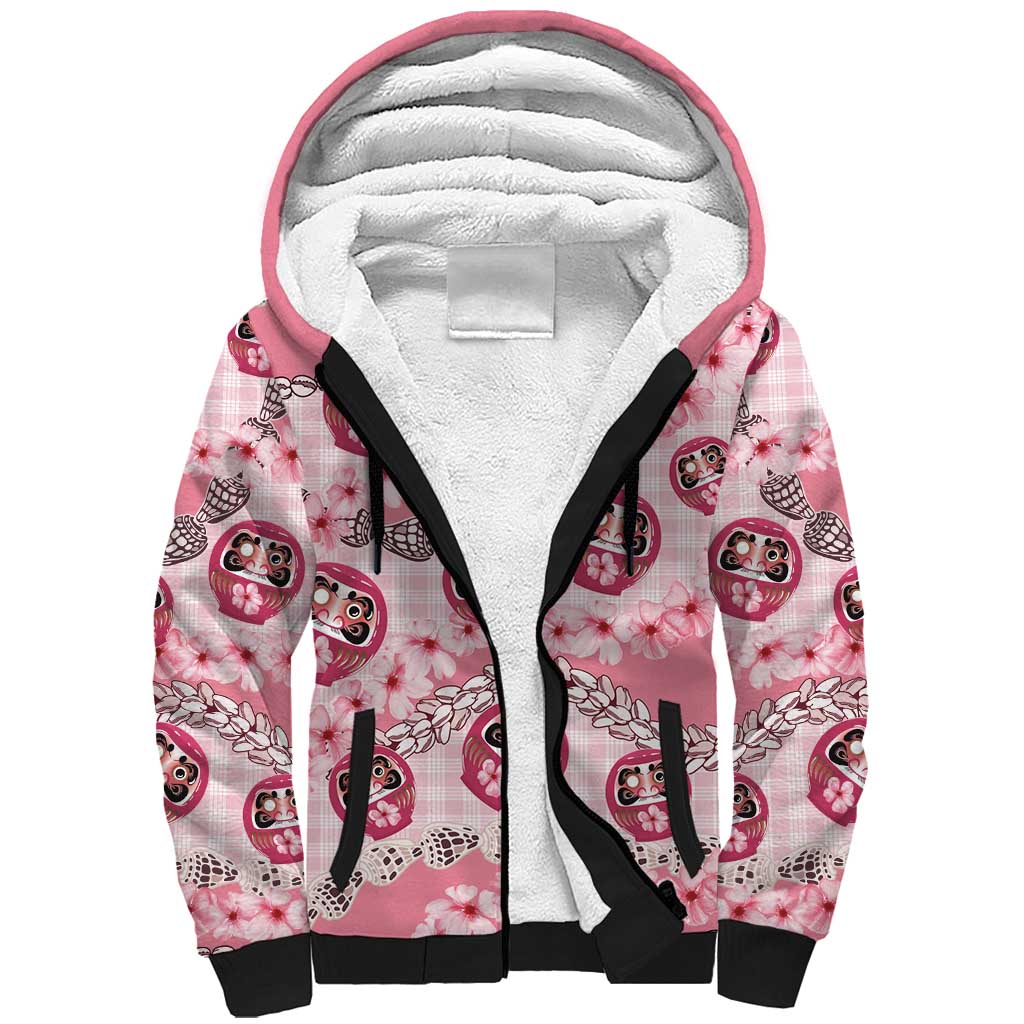 Japanese Daruma Doll Palaka Sherpa Hoodie Cherry Blossoms With Shell Lei - Wonder Print Shop