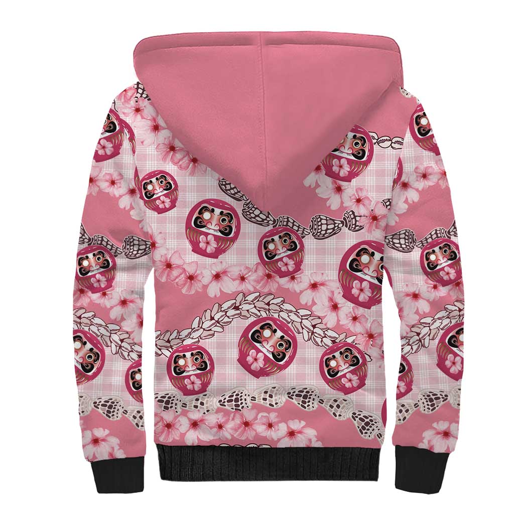 Japanese Daruma Doll Palaka Sherpa Hoodie Cherry Blossoms With Shell Lei - Wonder Print Shop