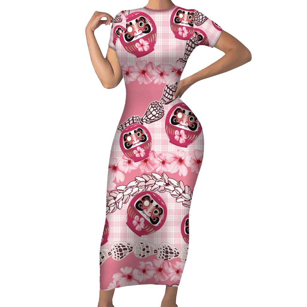 Japanese Daruma Doll Palaka Short Sleeve Bodycon Dress Cherry Blossoms With Shell Lei - Wonder Print Shop
