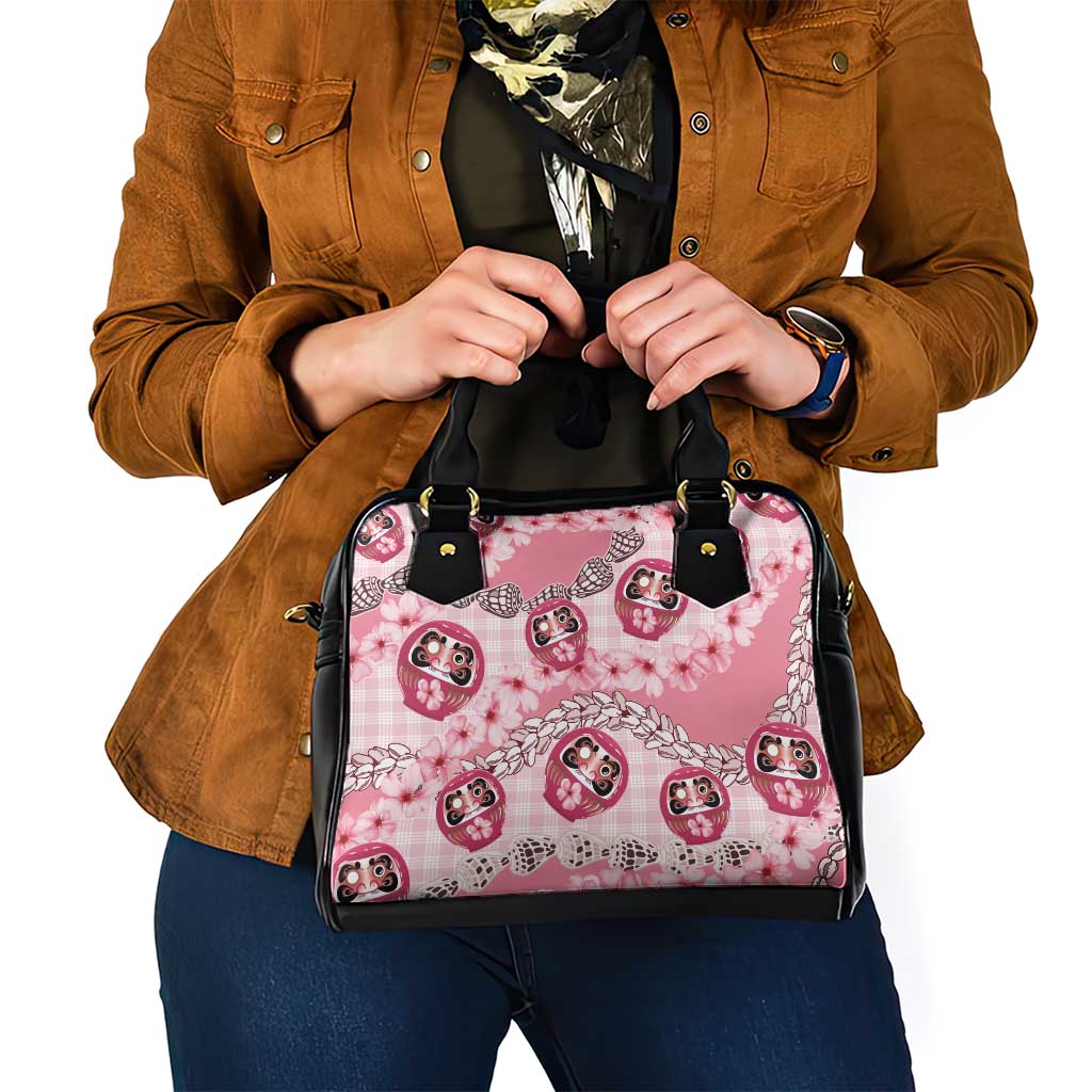 Japanese Daruma Doll Palaka Shoulder Handbag Cherry Blossoms With Shell Lei - Wonder Print Shop