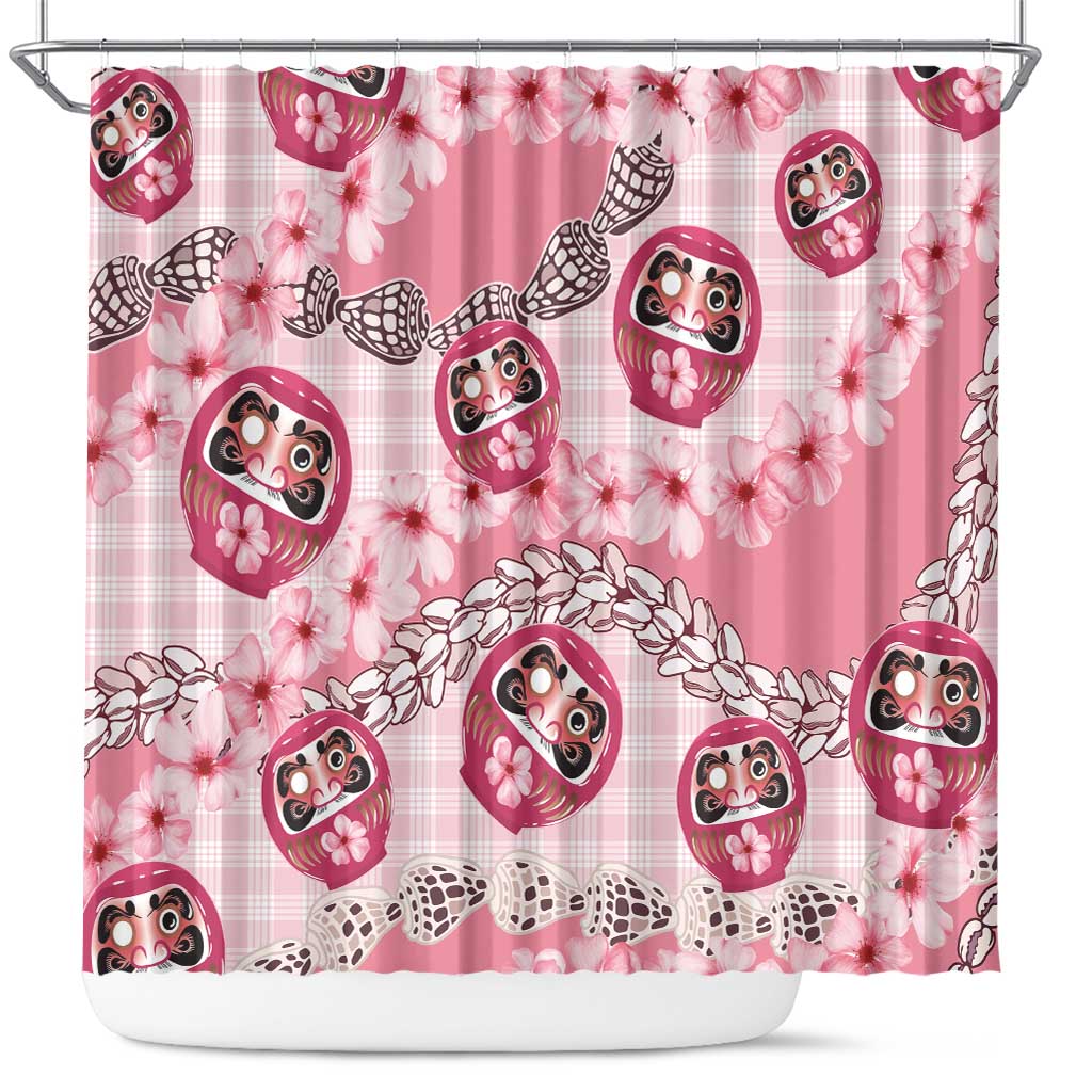 Japanese Daruma Doll Palaka Shower Curtain Cherry Blossoms With Shell Lei - Wonder Print Shop