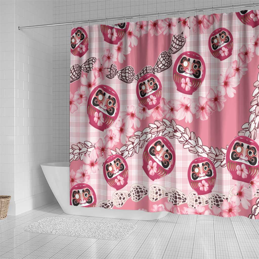 Japanese Daruma Doll Palaka Shower Curtain Cherry Blossoms With Shell Lei - Wonder Print Shop