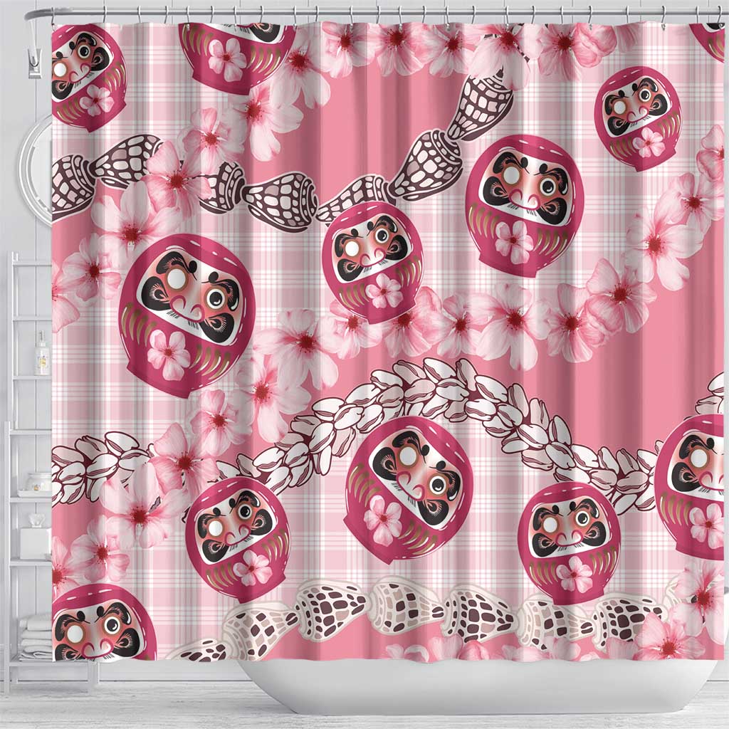 Japanese Daruma Doll Palaka Shower Curtain Cherry Blossoms With Shell Lei - Wonder Print Shop