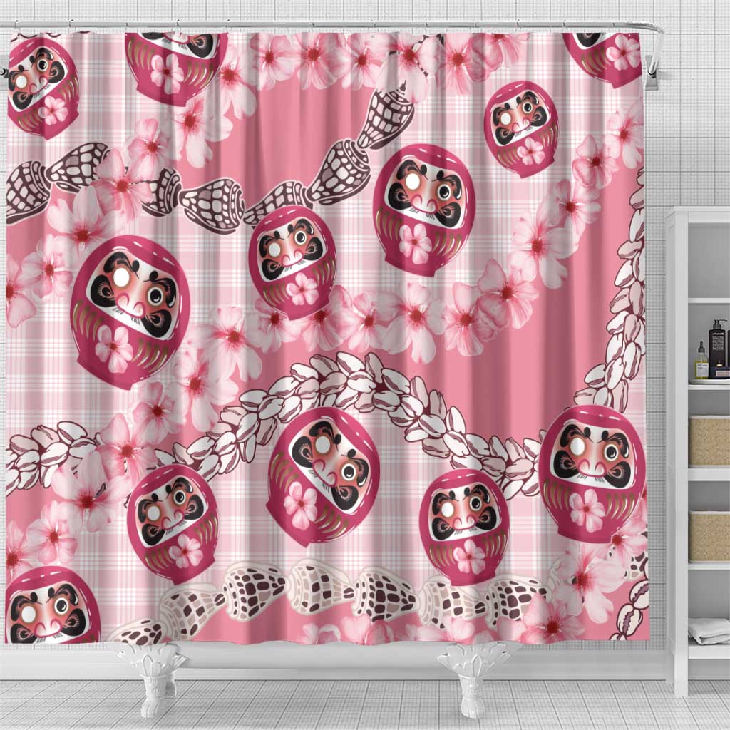 Japanese Daruma Doll Palaka Shower Curtain Cherry Blossoms With Shell Lei - Wonder Print Shop