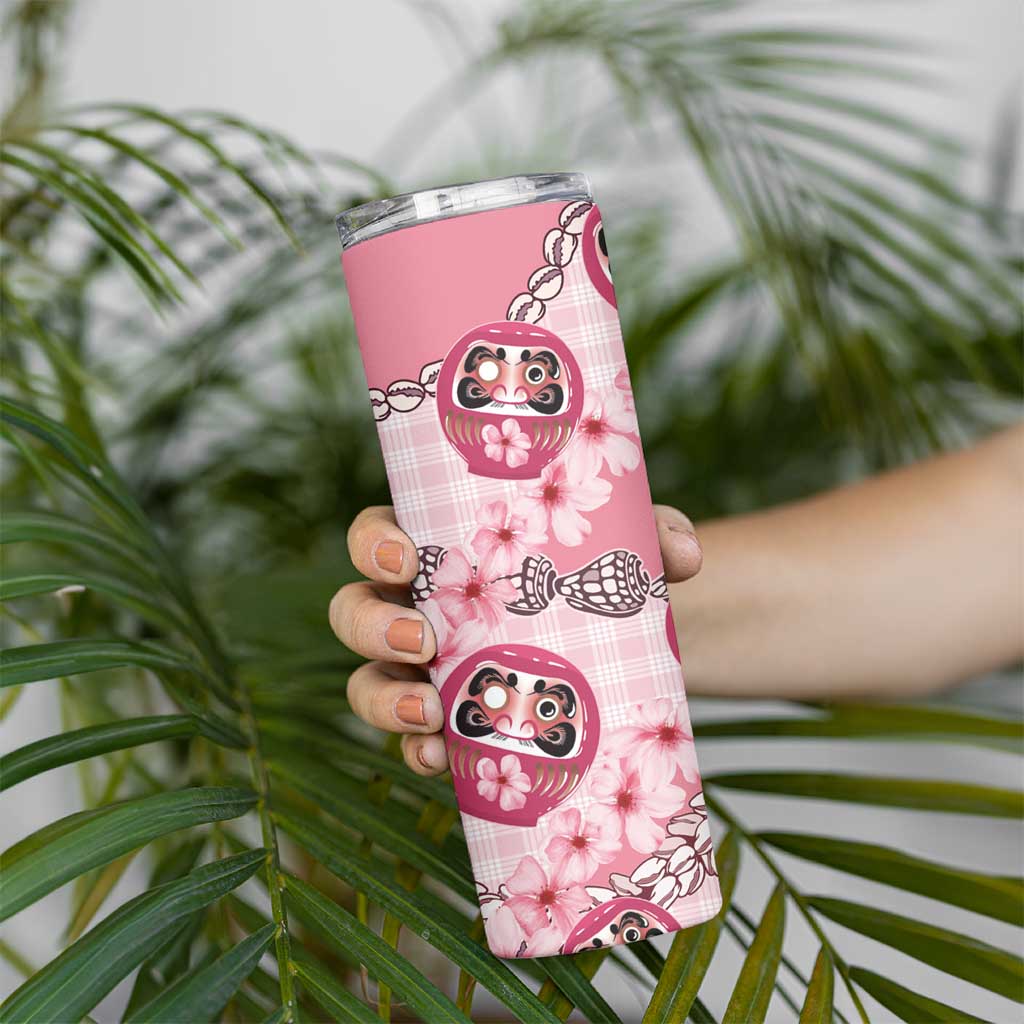 Japanese Daruma Doll Palaka Skinny Tumbler Cherry Blossoms With Shell Lei - Wonder Print Shop